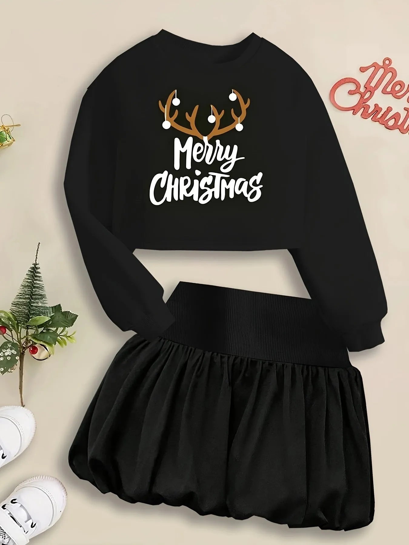 2-Piece Girls' Cozy Long Sleeve Sweatshirt & Puff Skirt Set with MERRY CHRISTMAS Antlers Print for Outdoors, Spring, and Fall - Perfect Gift Choice