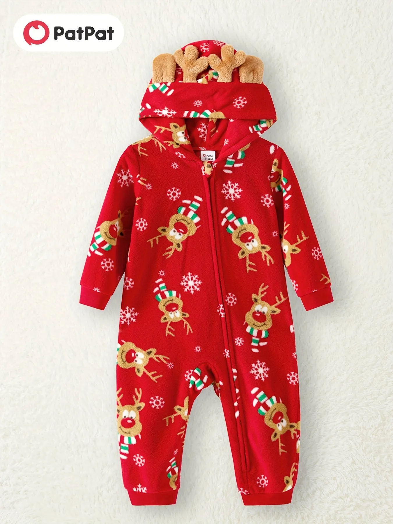 3D Antler Hooded Long Sleeve Red Thickened Polar Fleece PatPat Christmas Party Family Matching Onesies Sets for Winter Outdoors with Adorable Allover Deer Print