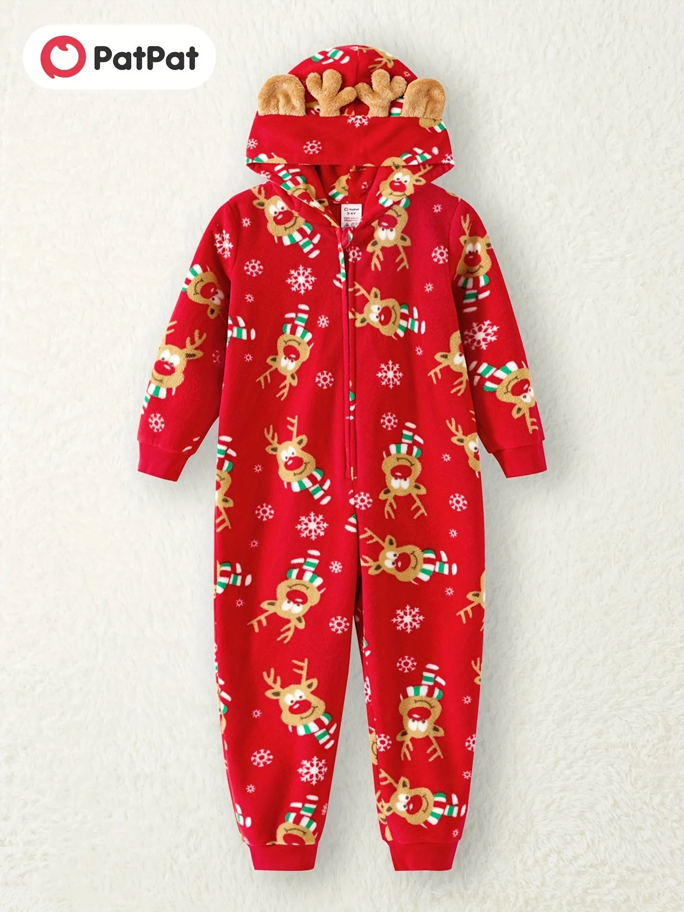 3D Antler Hooded Long Sleeve Red Thickened Polar Fleece PatPat Christmas Party Family Matching Onesies Sets for Winter Outdoors with Adorable Allover Deer Print