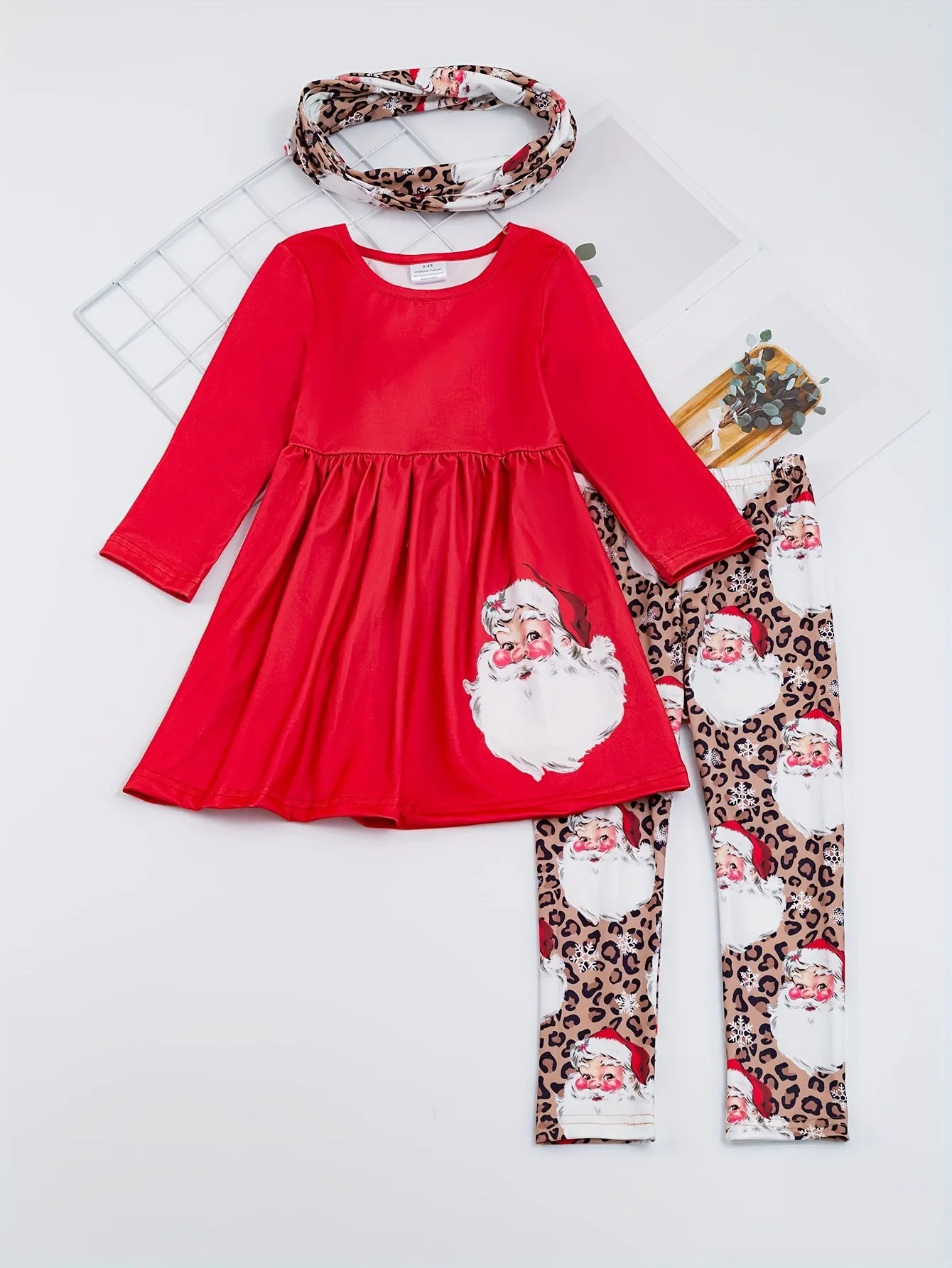 3pcs Girl's Christmas Pattern Outfit, Peplum Top & Scarf & Allover Print Pants Set, Toddler Kid's Clothes For Spring Fall outdoors