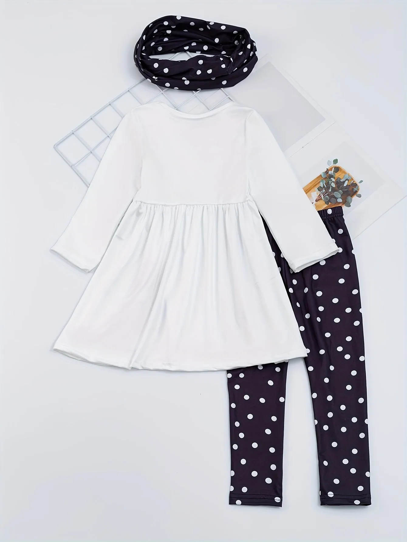 3pcs Girl's Christmas Pattern Outfit, Peplum Top & Scarf & Allover Print Pants Set, Toddler Kid's Clothes For Spring Fall outdoors