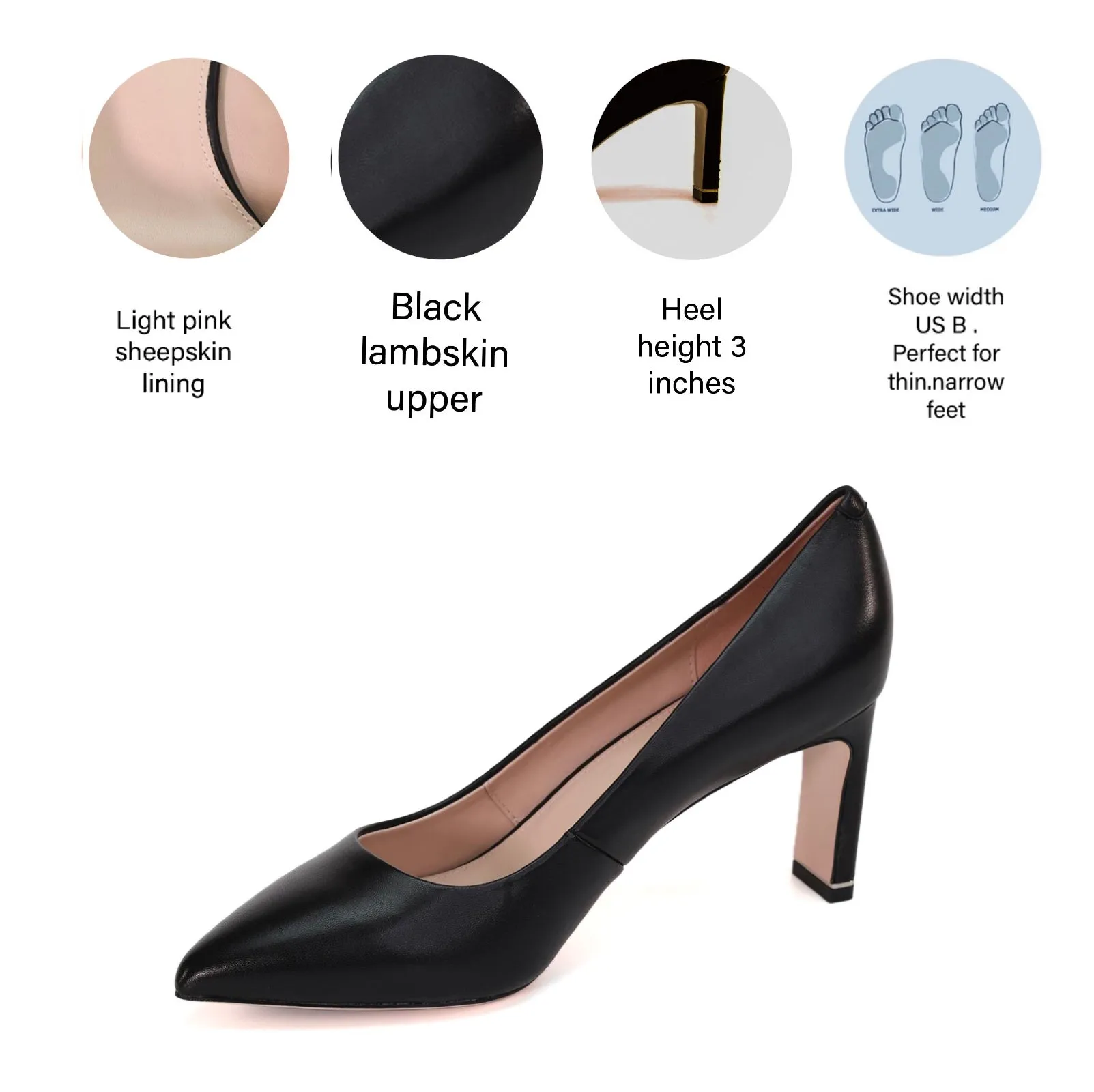 AiciBerllucci  Black Sheepskin Leather & Sheepskin lining-Bella-Women Pumps Shoes Closed Toe Mid Heels  Pointed Toe Heel Office Business Heels Comfortable Leather Pumps for Women