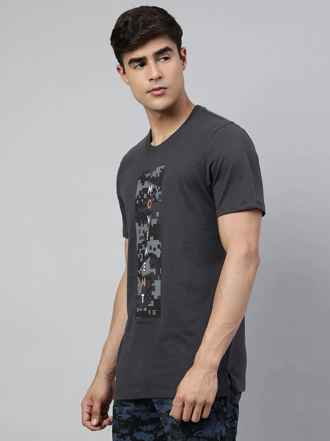 Alcis Men's Asphalt Grey Soft-Touch Regular-Fit Athleisure T-Shirt