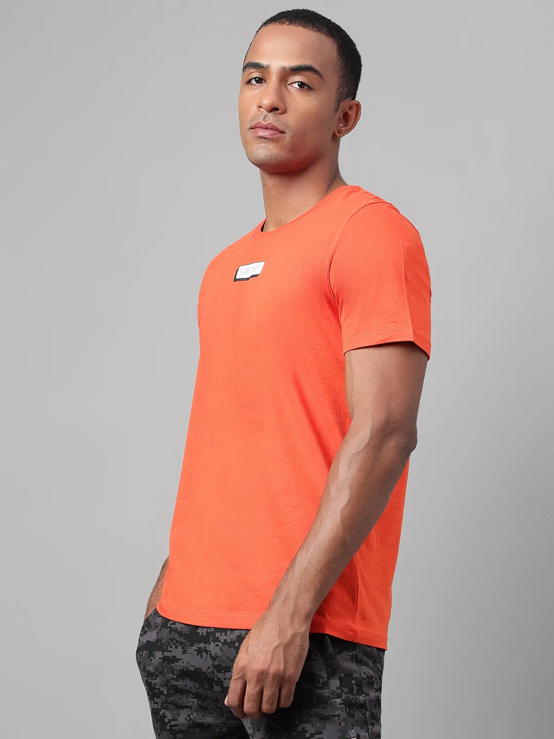 Alcis Men's Printed Orange Soft-Touch Regular-Fit Athleisure T-Shirt