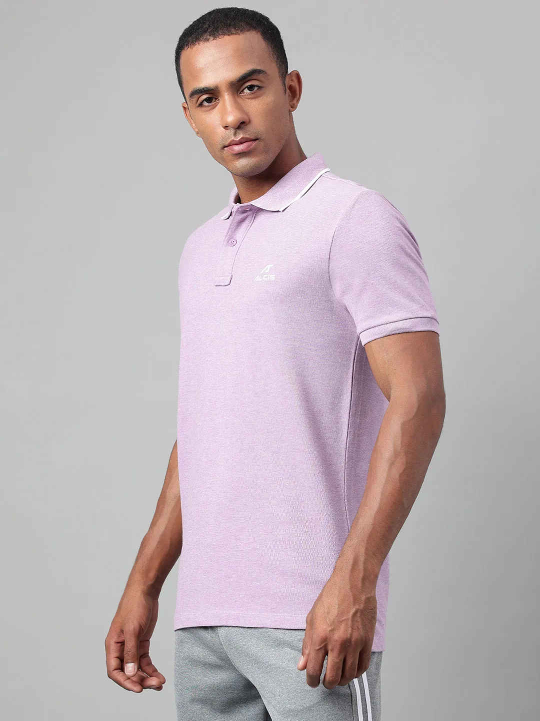 Alcis Men's Purple Melange Soft-Touch Regular-Fit Athleisure Polo T-Shirt