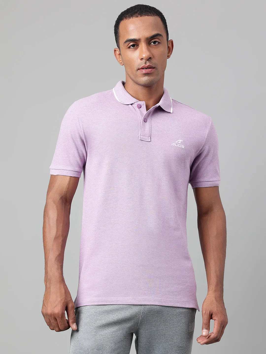 Alcis Men's Purple Melange Soft-Touch Regular-Fit Athleisure Polo T-Shirt