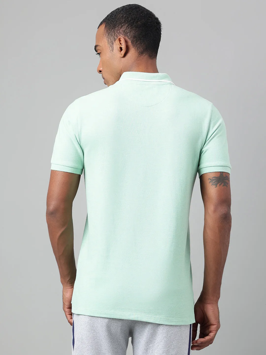 Alcis Men's Sea Green Melange Soft-Touch Regular-Fit Athleisure Polo T-Shirt