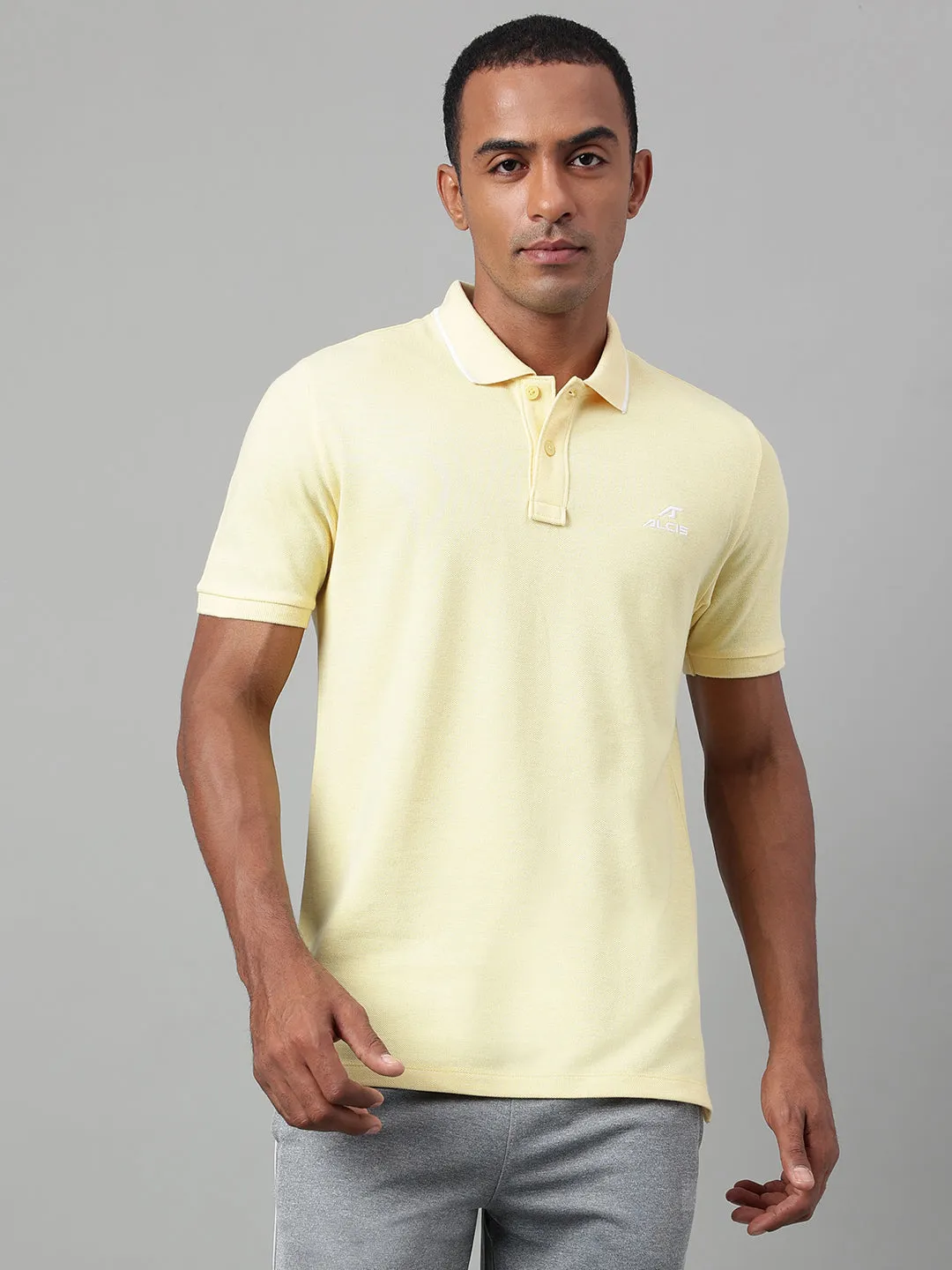 Alcis Men's Yellow Melange Soft-Touch Regular-Fit Athleisure Polo T-Shirt