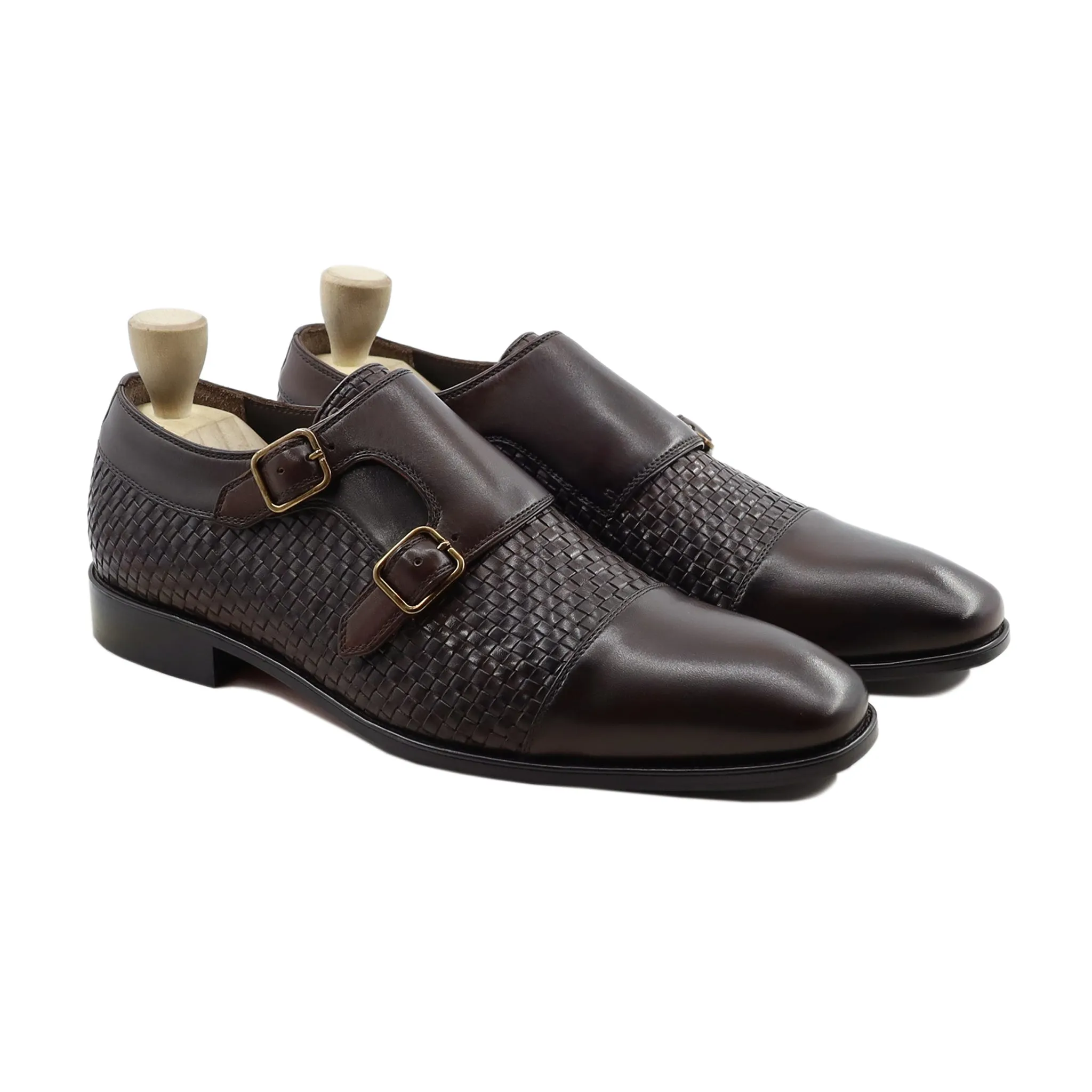 Alingsas - Men's Dark Brown Calf and Hand Woven Calf Leather Double Monkstrap