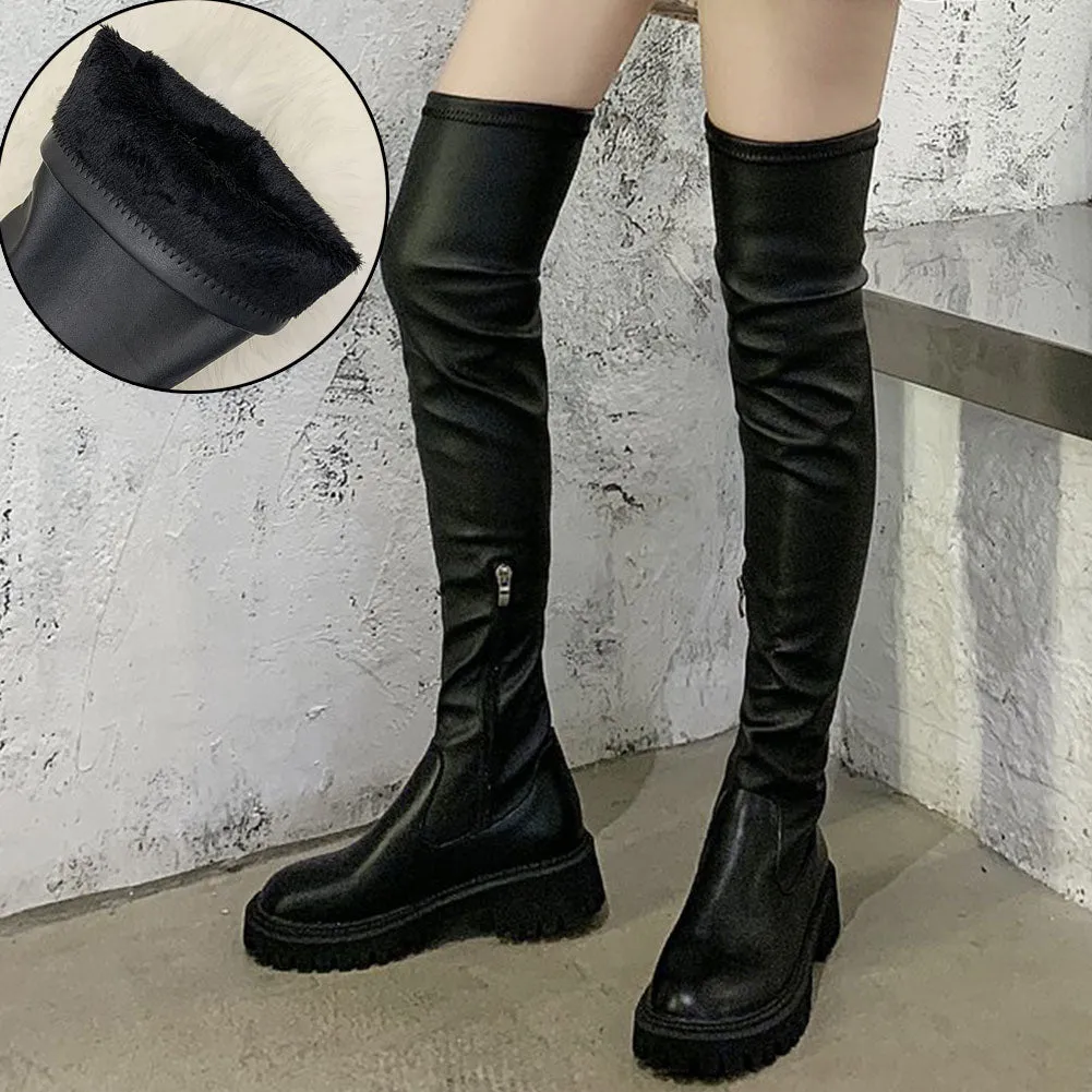 Amozae Brand Design Skidproof Sole Cosy Chunky Heels Fashion Stylish Leisure Cool Add Fur Winter Over The Knee High Boots Shoes Women