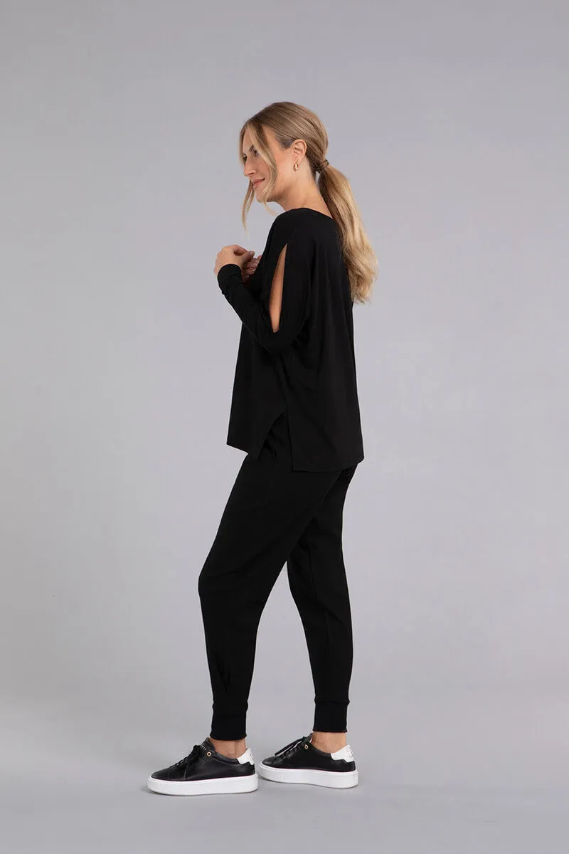 Bamboo Cotton V-Neck Slit Sleeve Top | Black