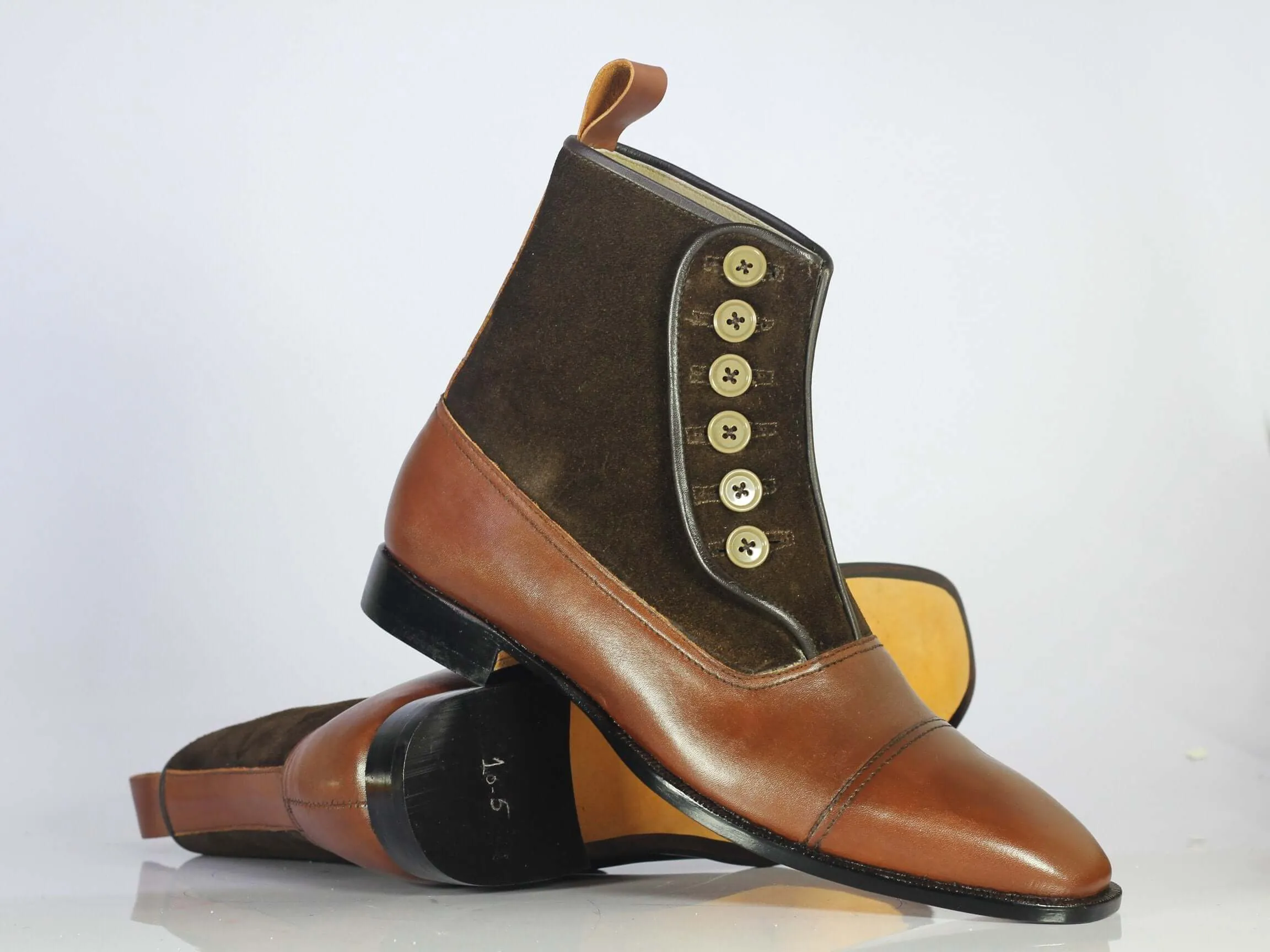 Bespoke Brown Leather Suede Button Top Ankle Cap Toe Boot