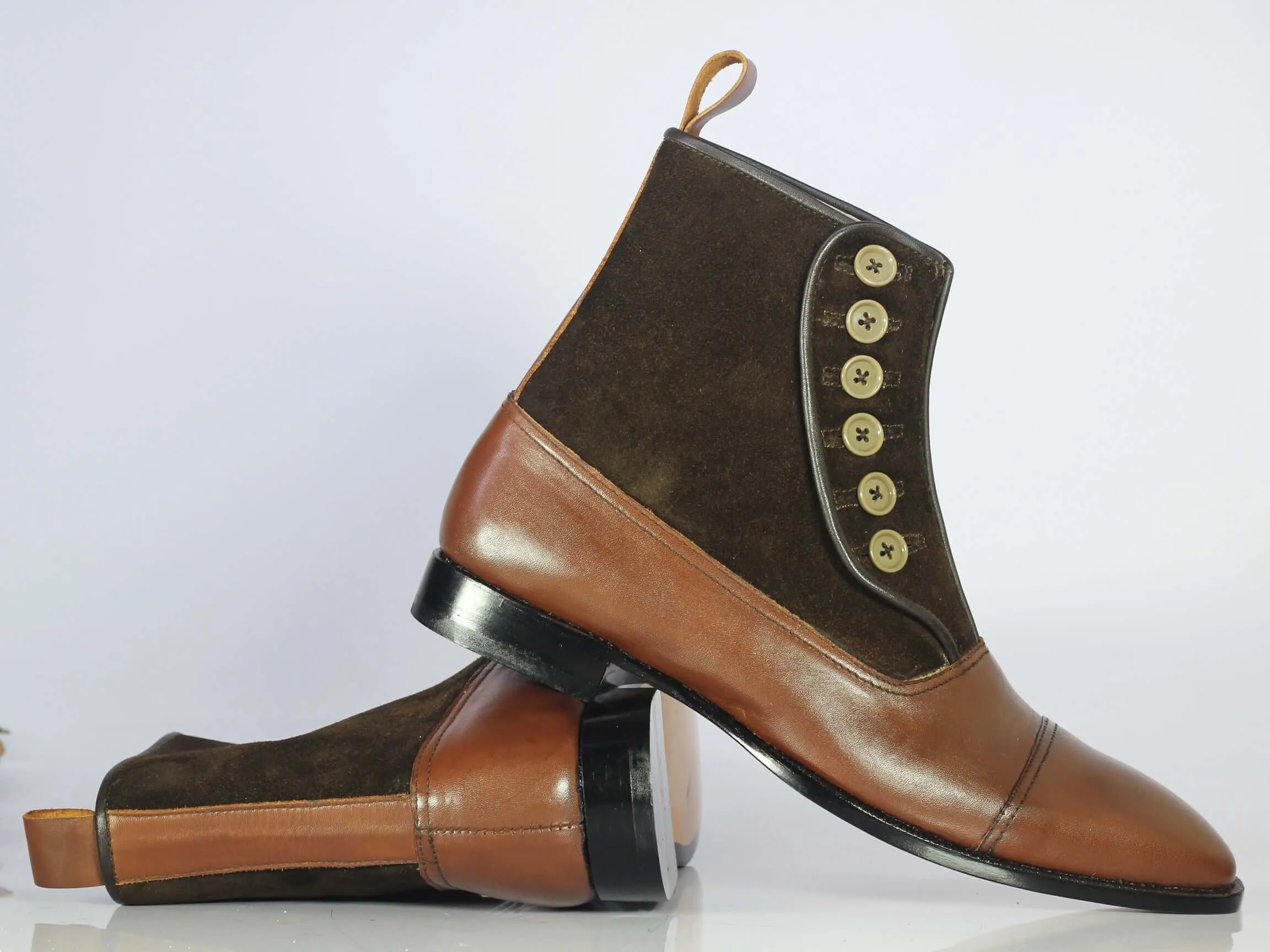 Bespoke Brown Leather Suede Button Top Ankle Cap Toe Boot