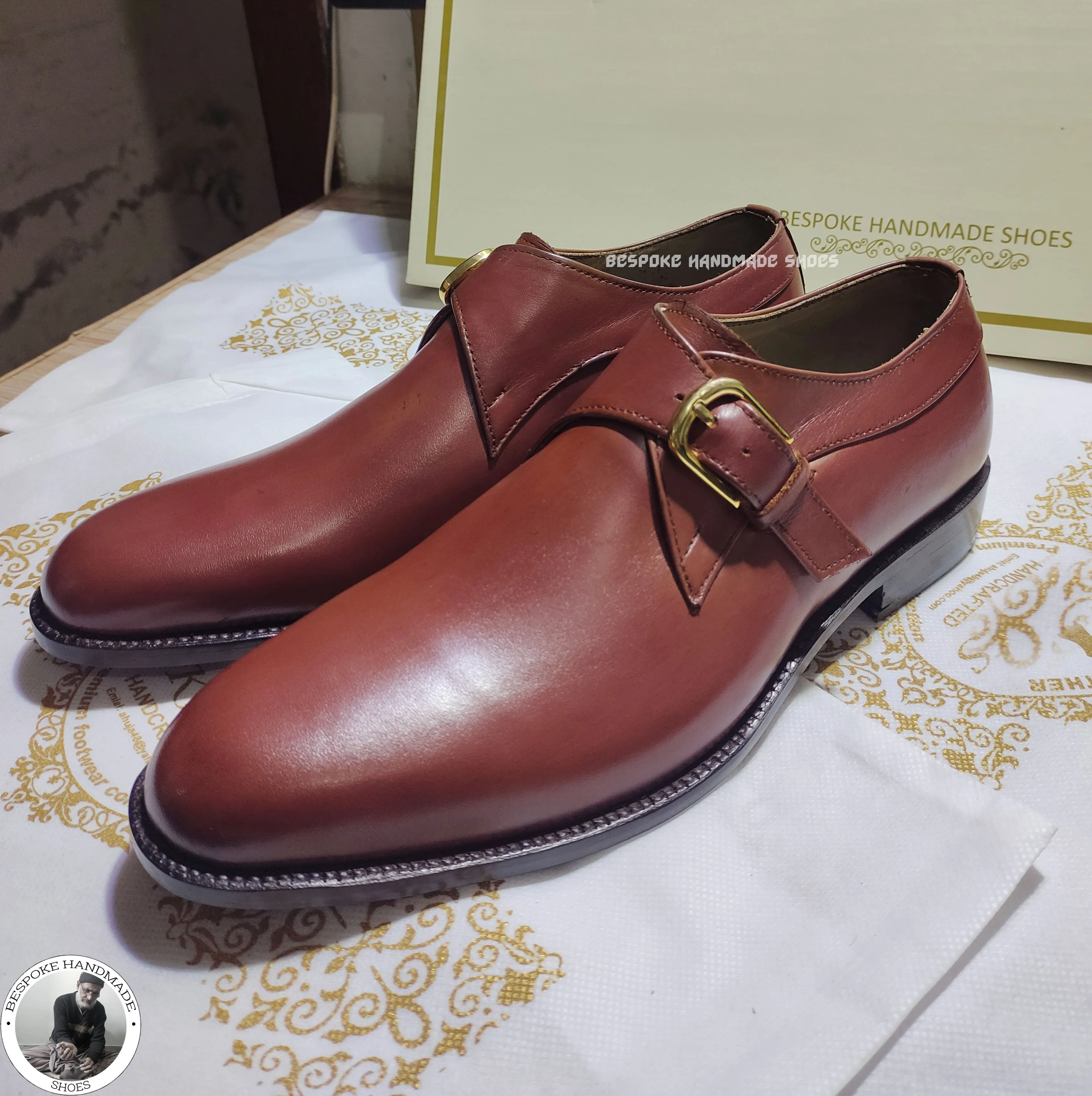 Bespoke Handmade Brown Calf Leather Monk Strap Wholecut Fashion Shoes