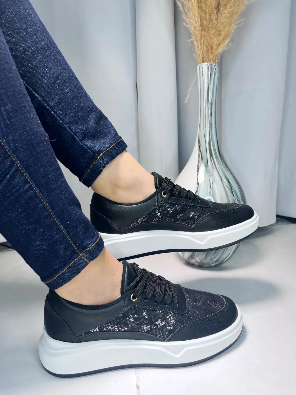 Black Lace-Up Sneakers, Snake Print Detail