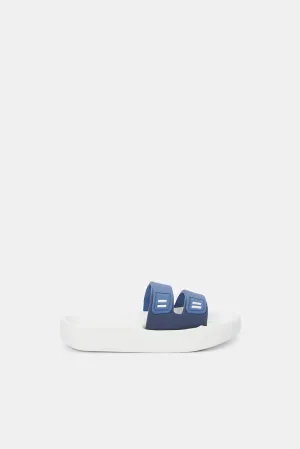 Boys White And Navy Embossed Slide