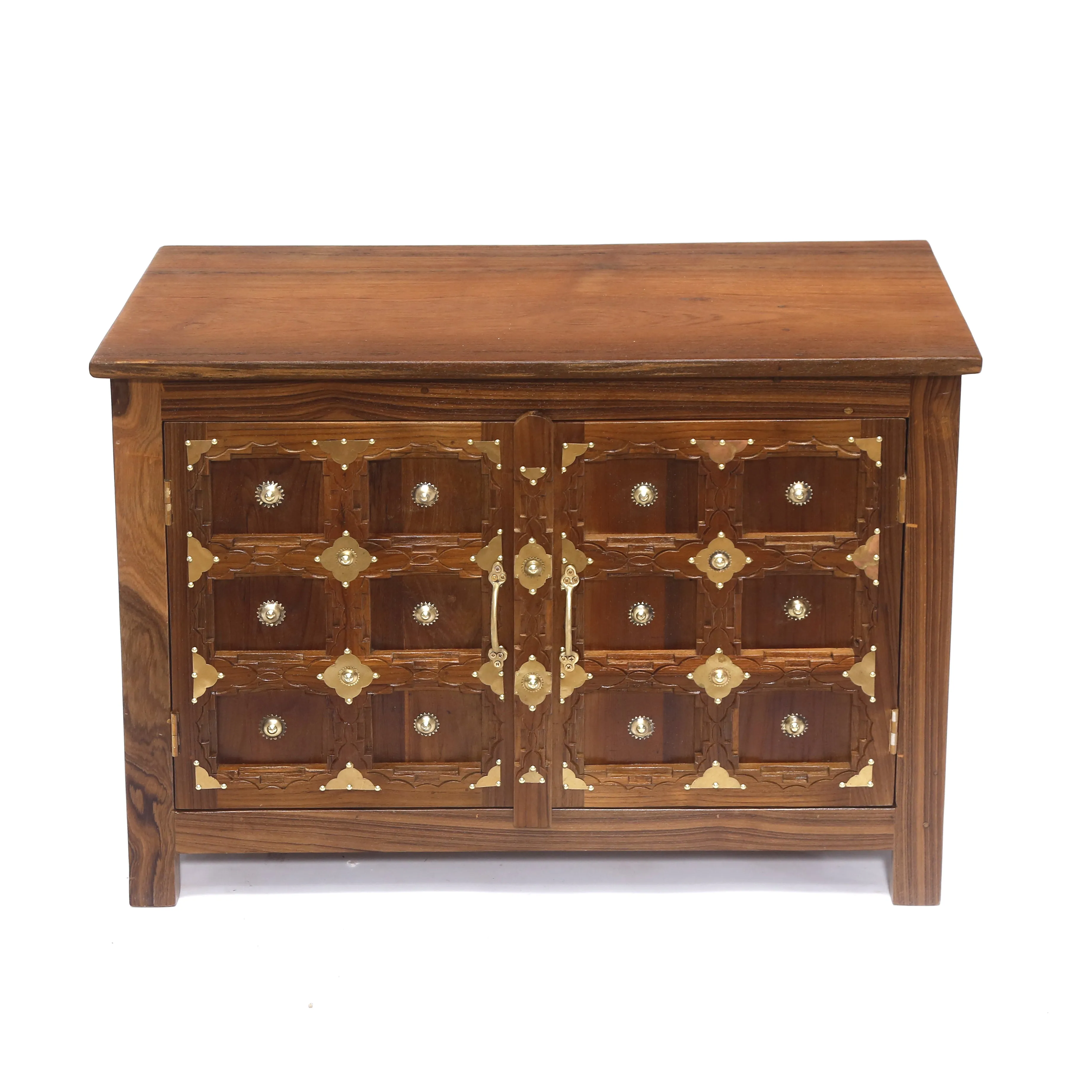 Brass Carved Teakwood Side Jali Shoe Cabinet