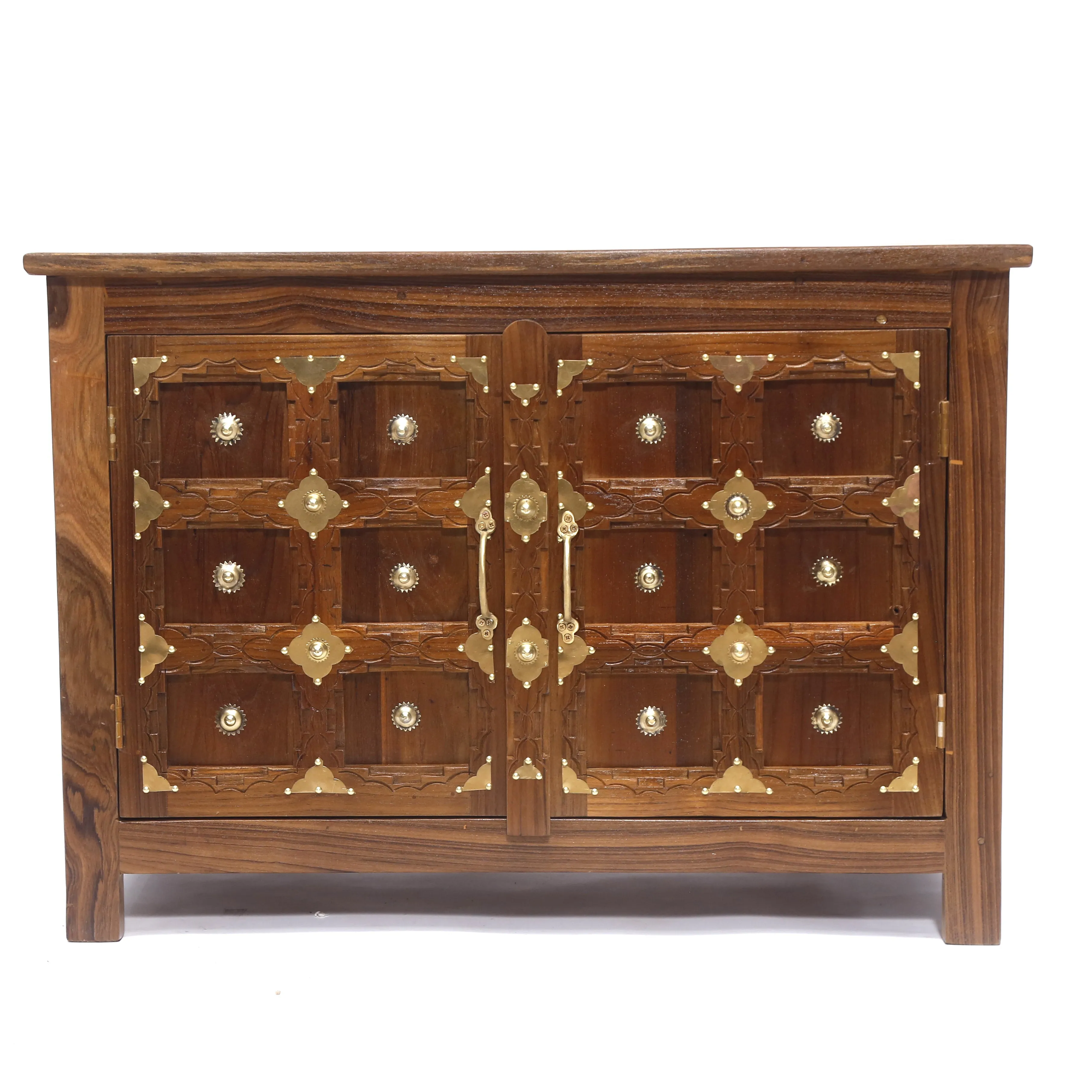 Brass Carved Teakwood Side Jali Shoe Cabinet