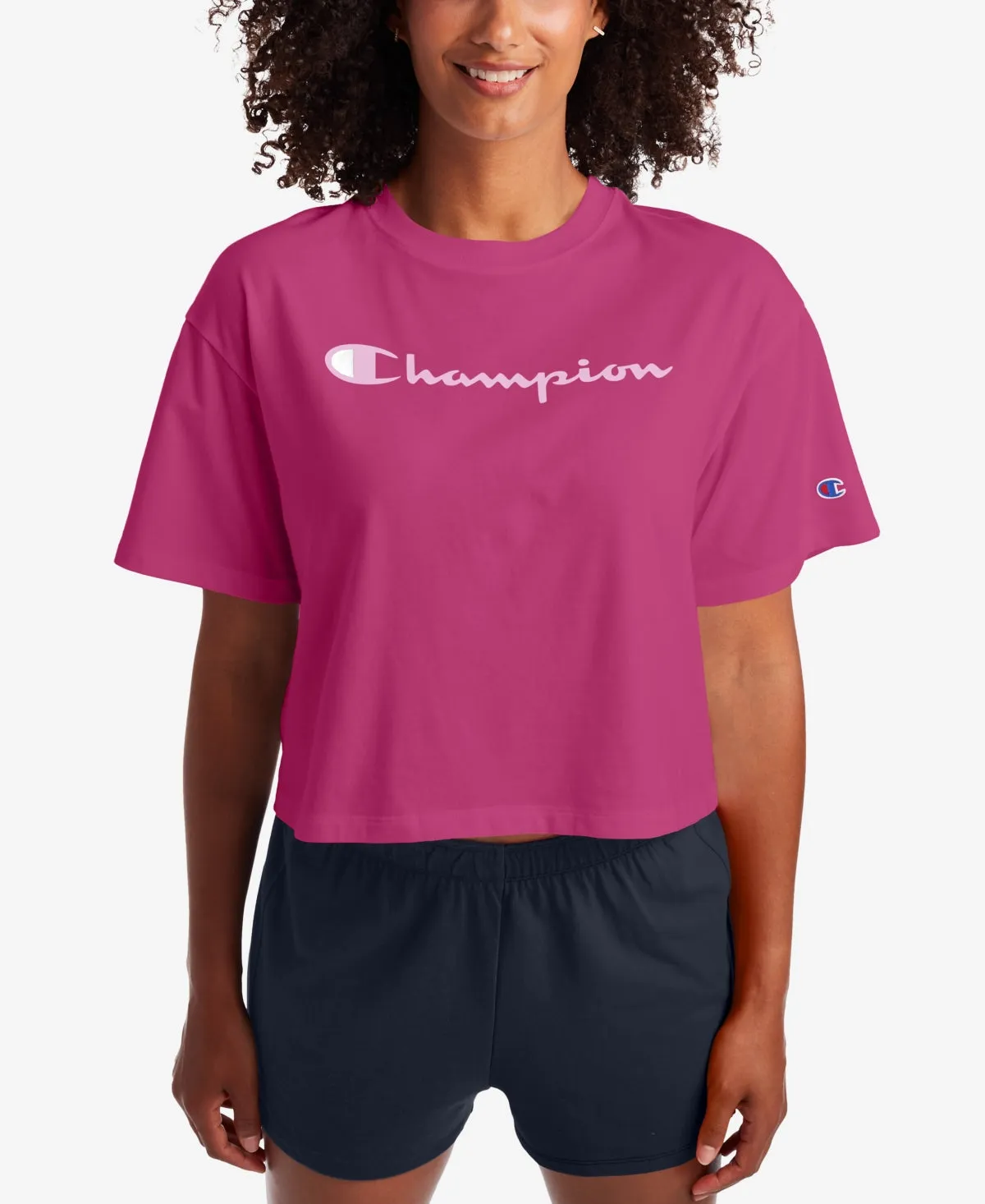 Champion Women's Logo Cropped T-Shirt Pink Size X-Large