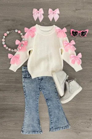 Cream Bow Sweater Sequin Denim Flare Set