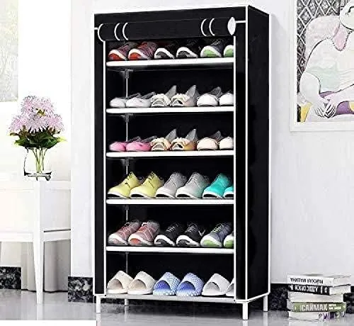 DEMARK Presenting Multipurpose Collapsible iron Pipe Shoe Rack Wardrobe 6 Layer with Cover Waterproof Dust Resistance For Home (Black)