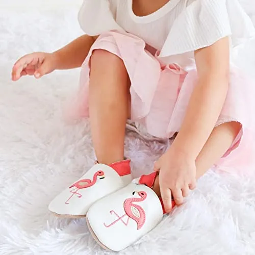 Dotty Fish Soft Leather Infant Shoes Girls pre-Walkers. White with Pink Flamingo. 0-6 Months