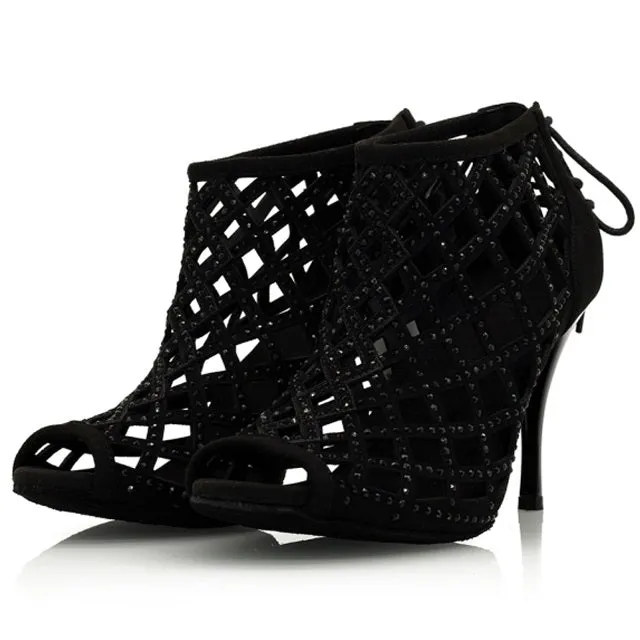 DS Women's Suede Crystal Customized Heel Dance Boots Salsa Dancing Shoes