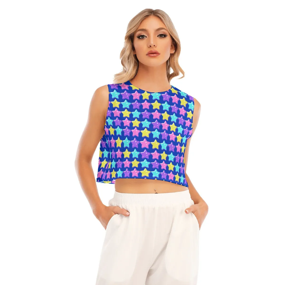 Electric Star Wave Navy Blue Sleeveless Relaxed Fit Crop Top