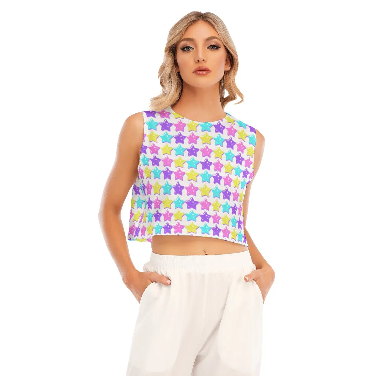 Electric Star Wave White Sleeveless Relaxed Fit Crop Top