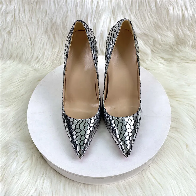 Elegant Silver Stone Texture Pointed Toe Stiletto Heels Shoes