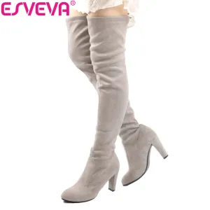 ESVEVA 2017 Western Style Spring Over The Knee Boots Square High Heel Women Boots Sexy Ladies Lace Up Fashion Boots Size 34-43