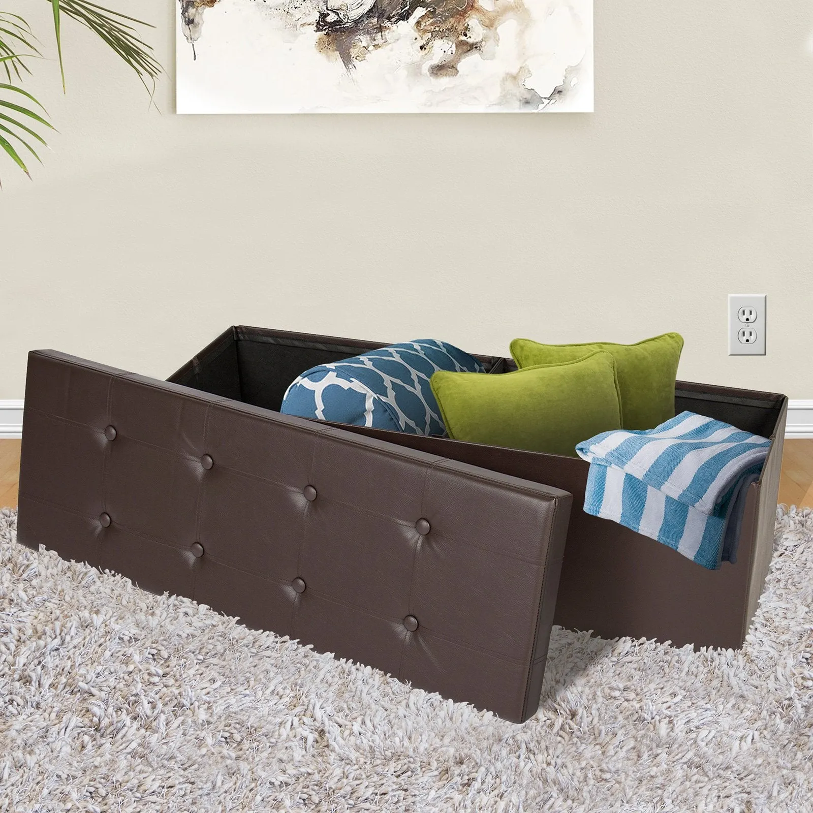 Faux Leather Folding Storage Ottoman Bench