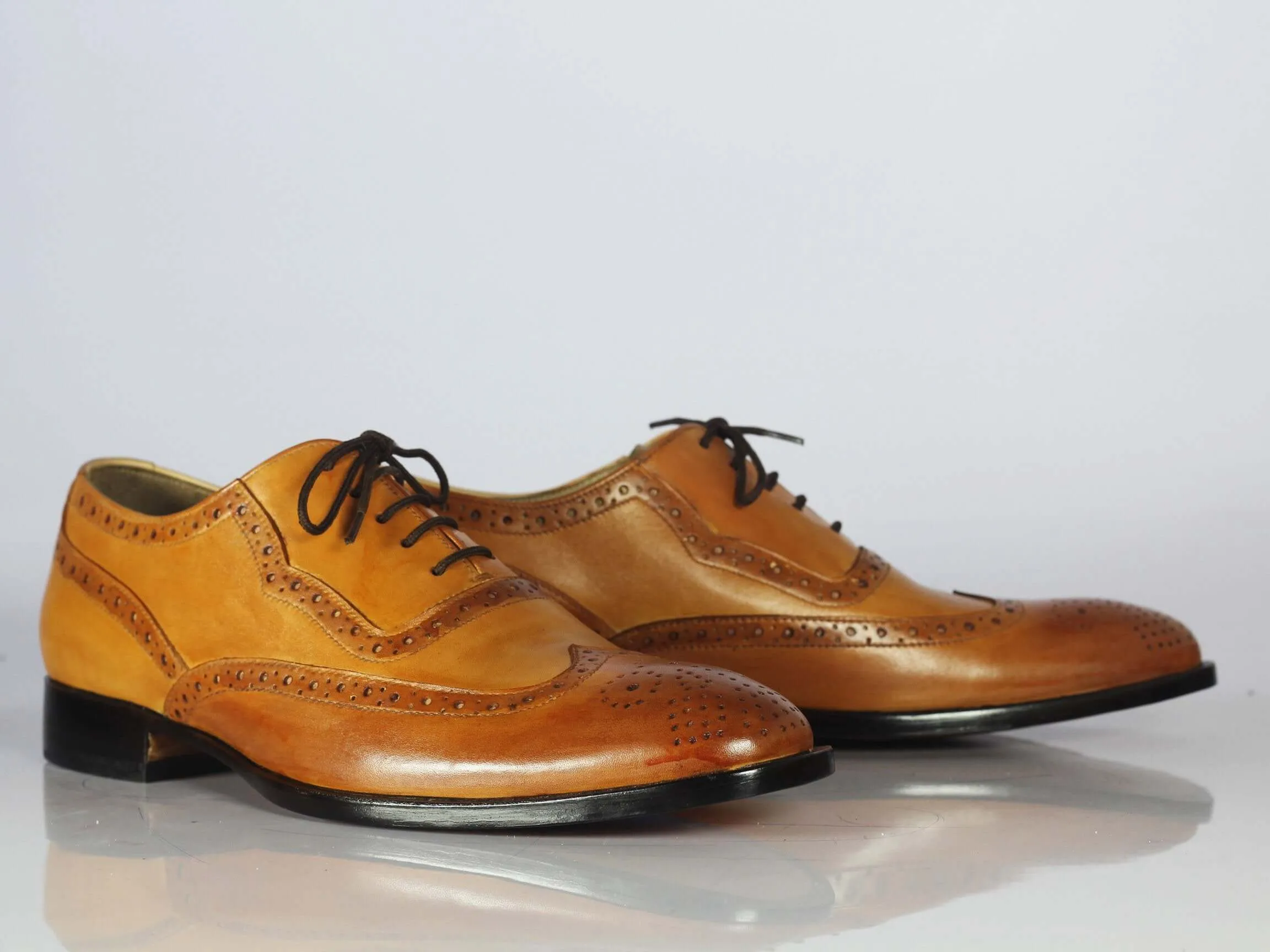 Handmade Tan Brown Leather Wing Tip Lace Up Shoes For Men's