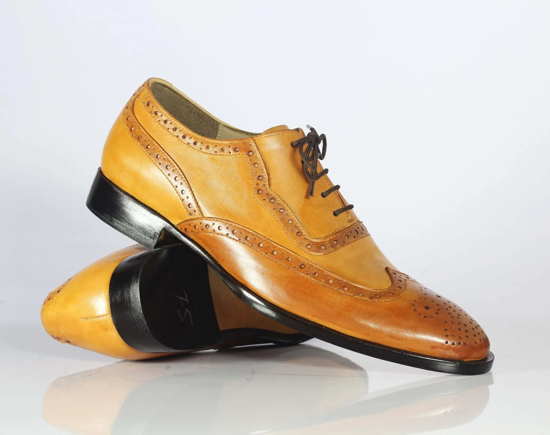 Handmade Tan Brown Leather Wing Tip Lace Up Shoes For Men's