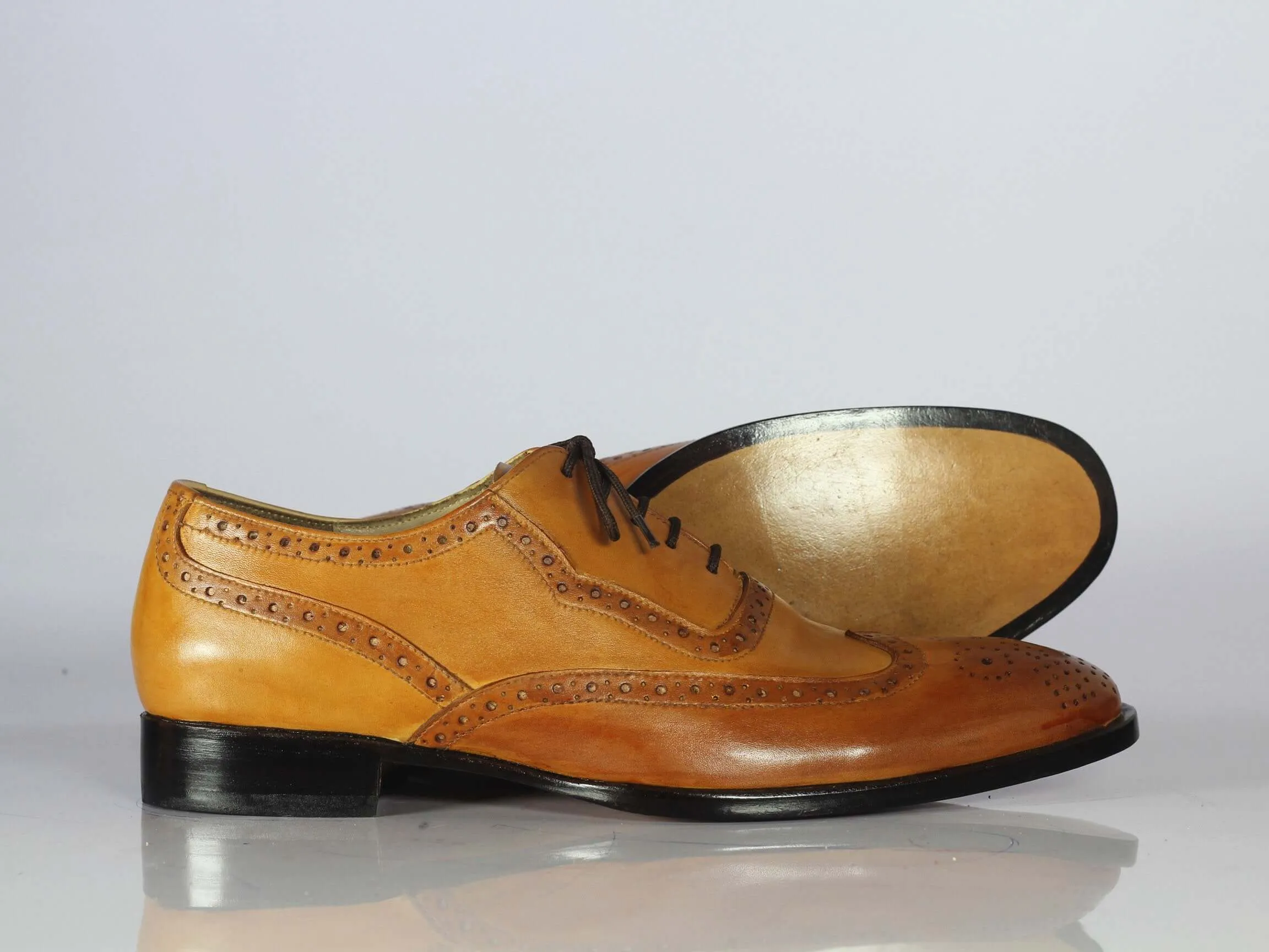 Handmade Tan Brown Leather Wing Tip Lace Up Shoes For Men's