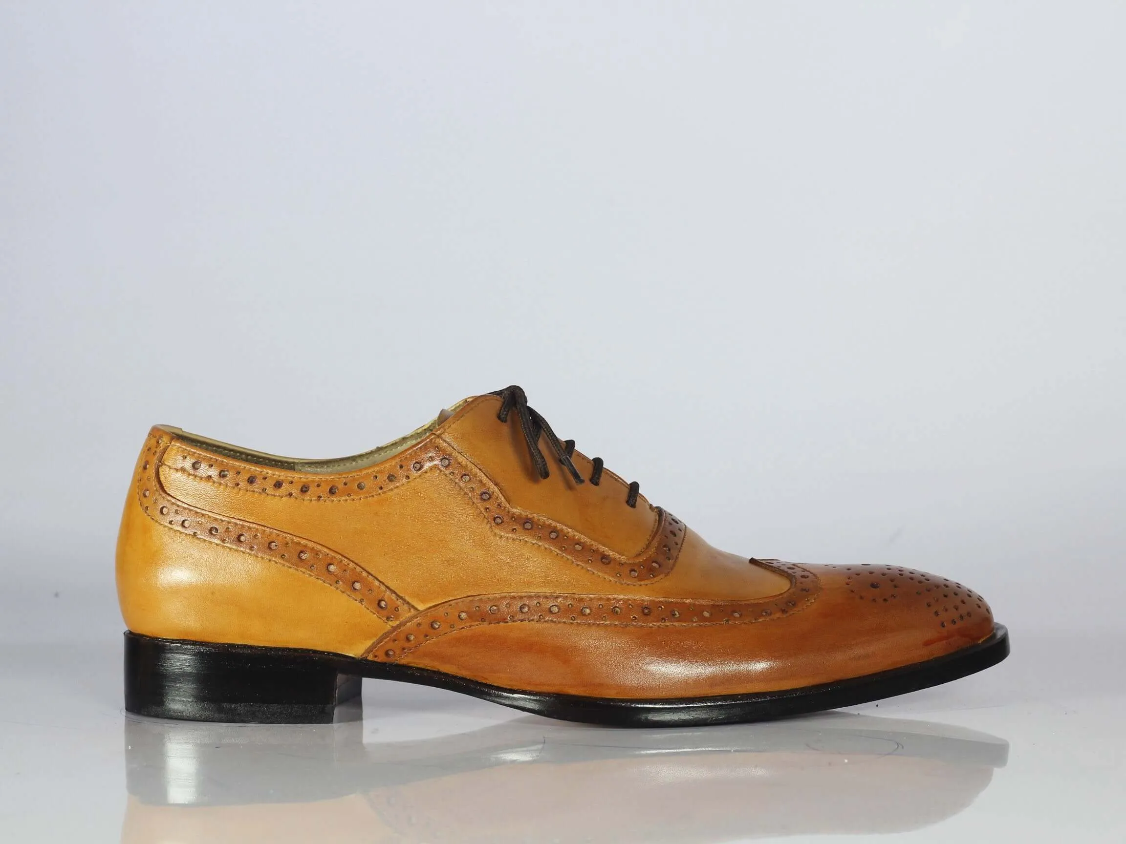 Handmade Tan Brown Leather Wing Tip Lace Up Shoes For Men's