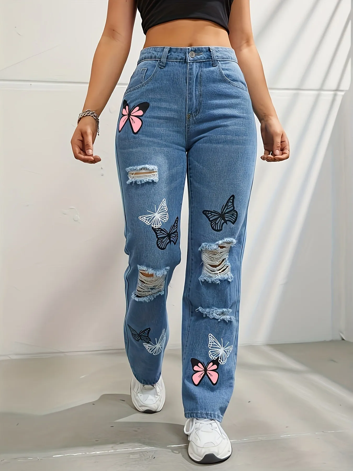 High Waisted Straight Leg Jeans For Women Butterfly Print Ripped Denim