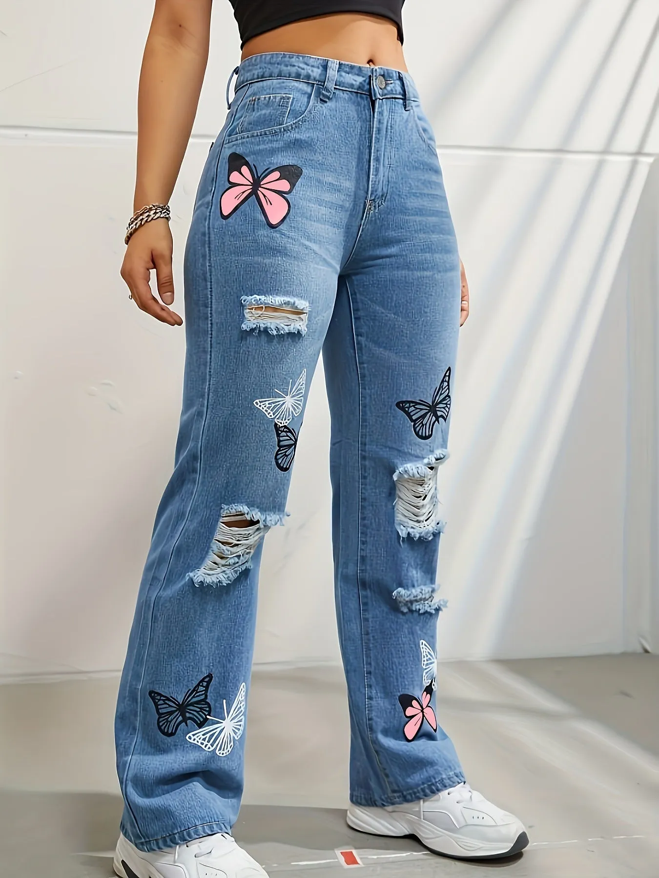 High Waisted Straight Leg Jeans For Women Butterfly Print Ripped Denim