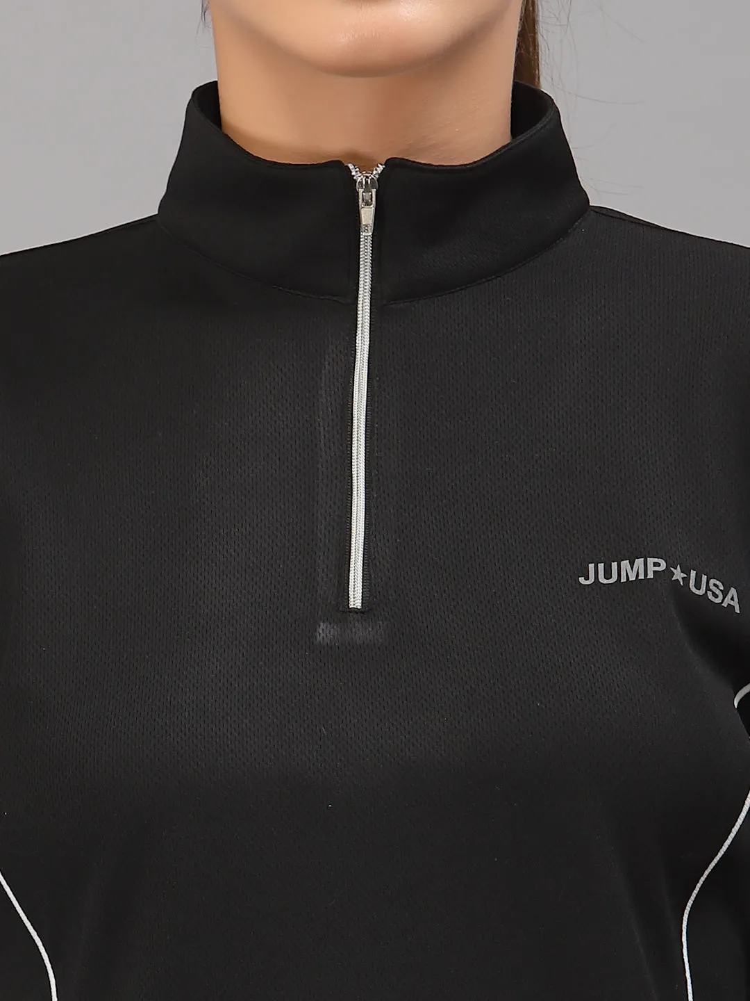 JUMP USA Lifestyle Women Black Polyster Stand Collor T-Shirt