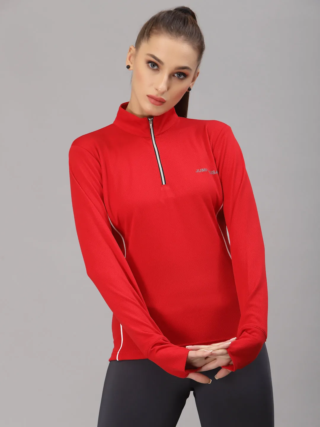 JUMP USA Lifestyle Women Red Polyster Stand Collor T-Shirt