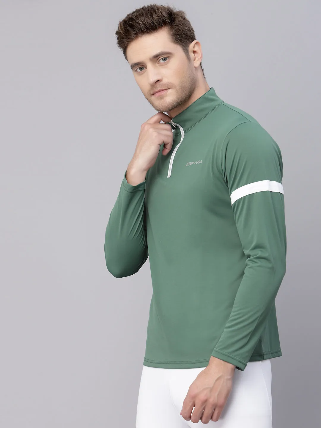 JUMP USA Men's Green Solid Yoga Seamless High Neck T-Shirt