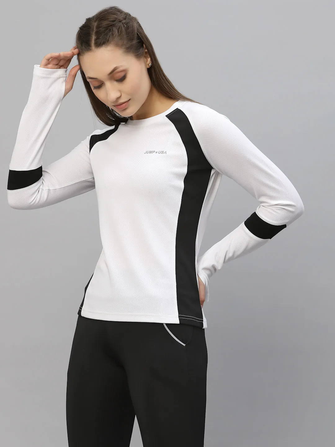 JUMP USA Women White & Black Colorblock Outdoor Rapid-Dry T-shirt