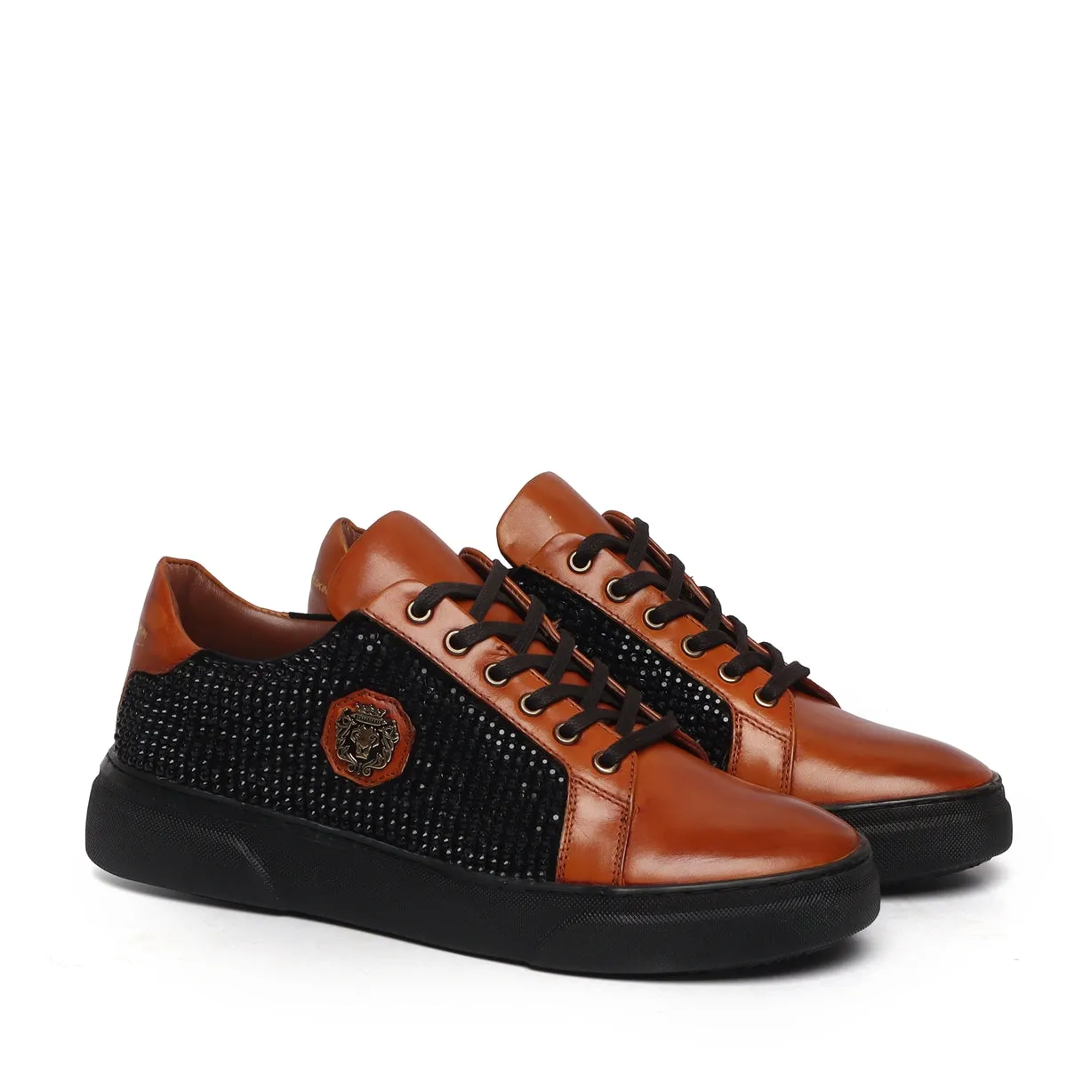 Low Top Sneakers Black Rhinestones Tan Leather by Brune & Bareskin