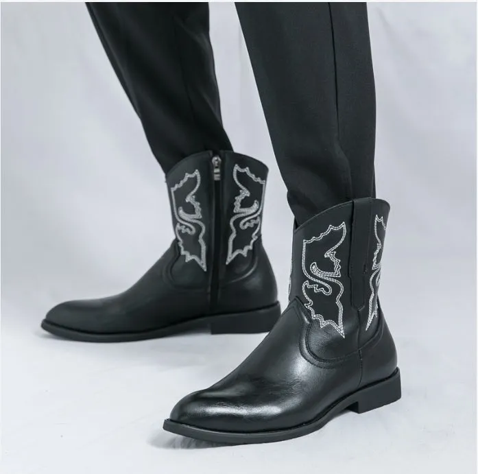 Men's autumn new midtube zipper embroidered western boots high top leather shoes 38-46