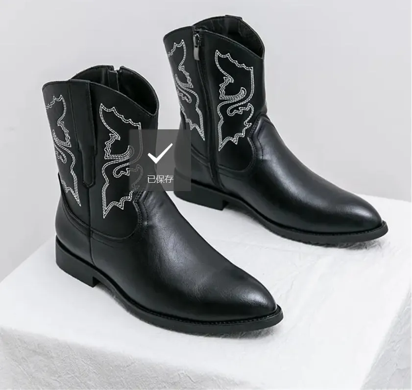 Men's autumn new midtube zipper embroidered western boots high top leather shoes 38-46