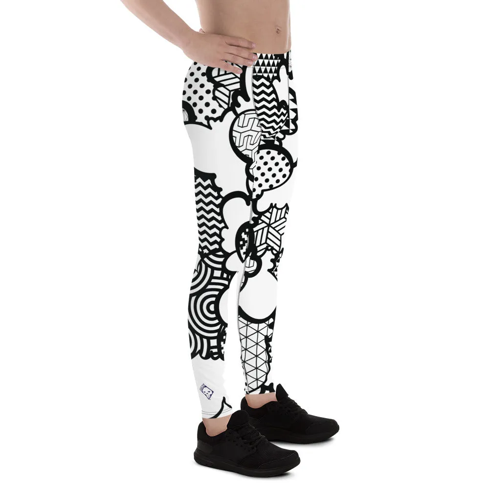 Men's Black and White Graffiti Clouds Pattern Athletic Leggings for Running, Gym, Jiu-Jitsu and MMA