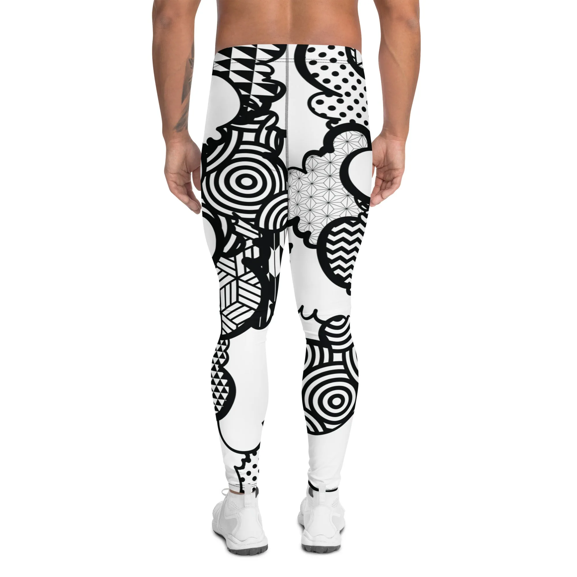 Men's Black and White Graffiti Clouds Pattern Athletic Leggings for Running, Gym, Jiu-Jitsu and MMA