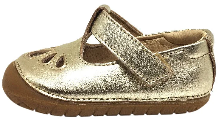 Old Soles Girl's Pave Petal Gold Leather T-Strap Hook and Loop Floral Mary Jane Walking Shoe