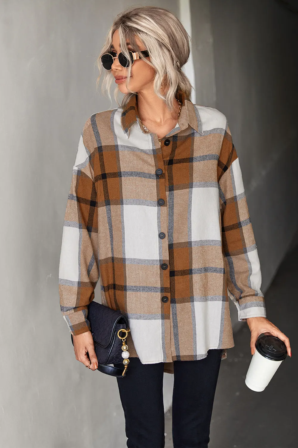 Plaid Collared Neck Longline Shirt