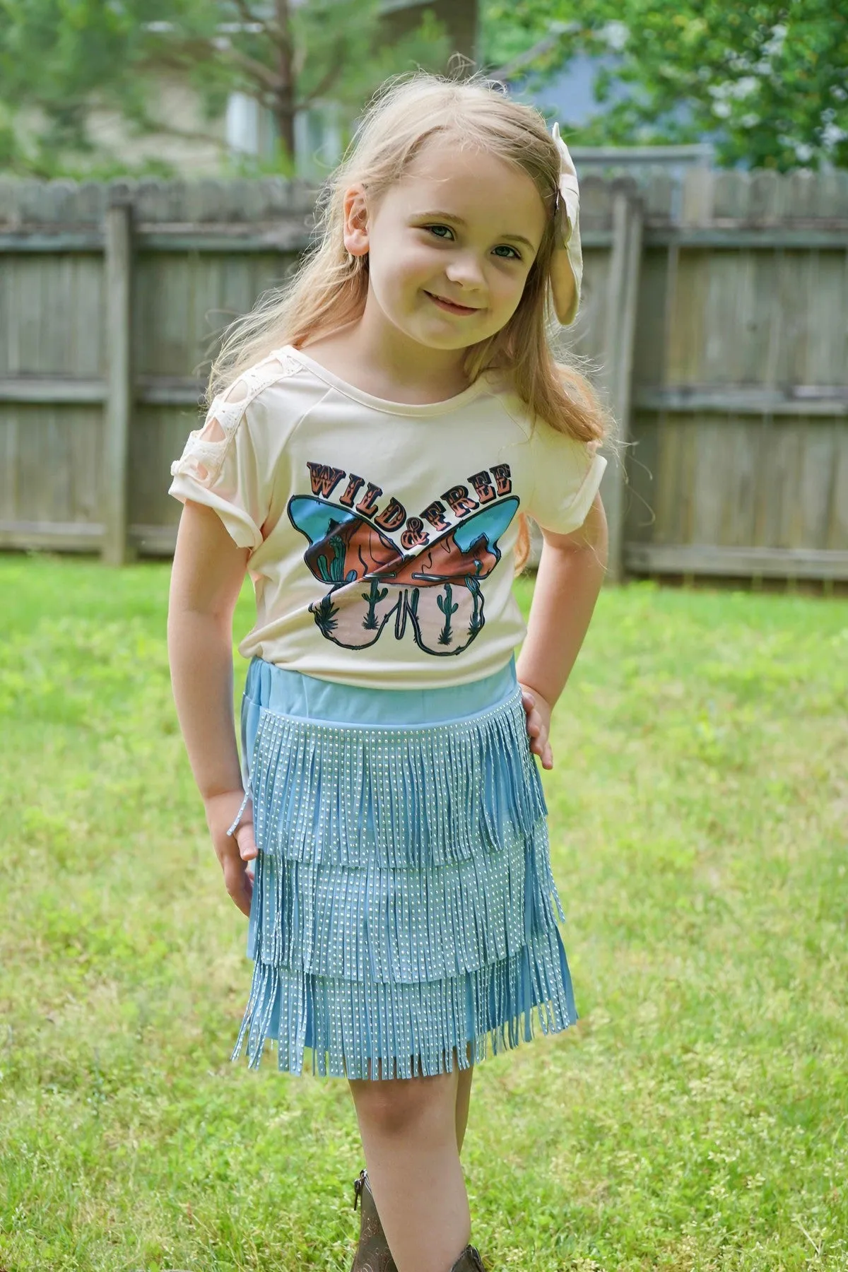 "Wild & Free" Light Blue Fringe Skirt Set